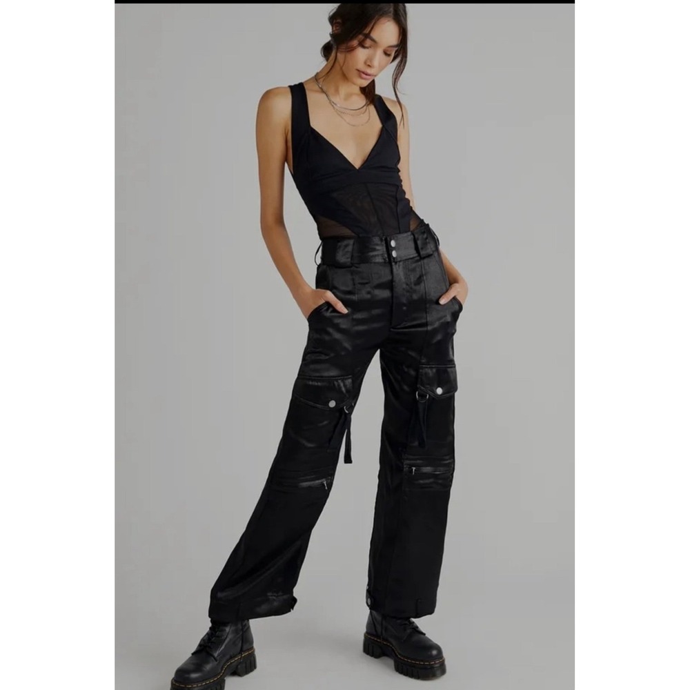 Free People Black Satin High Rise Utility Cargo Pants Multi Pocket Size 4